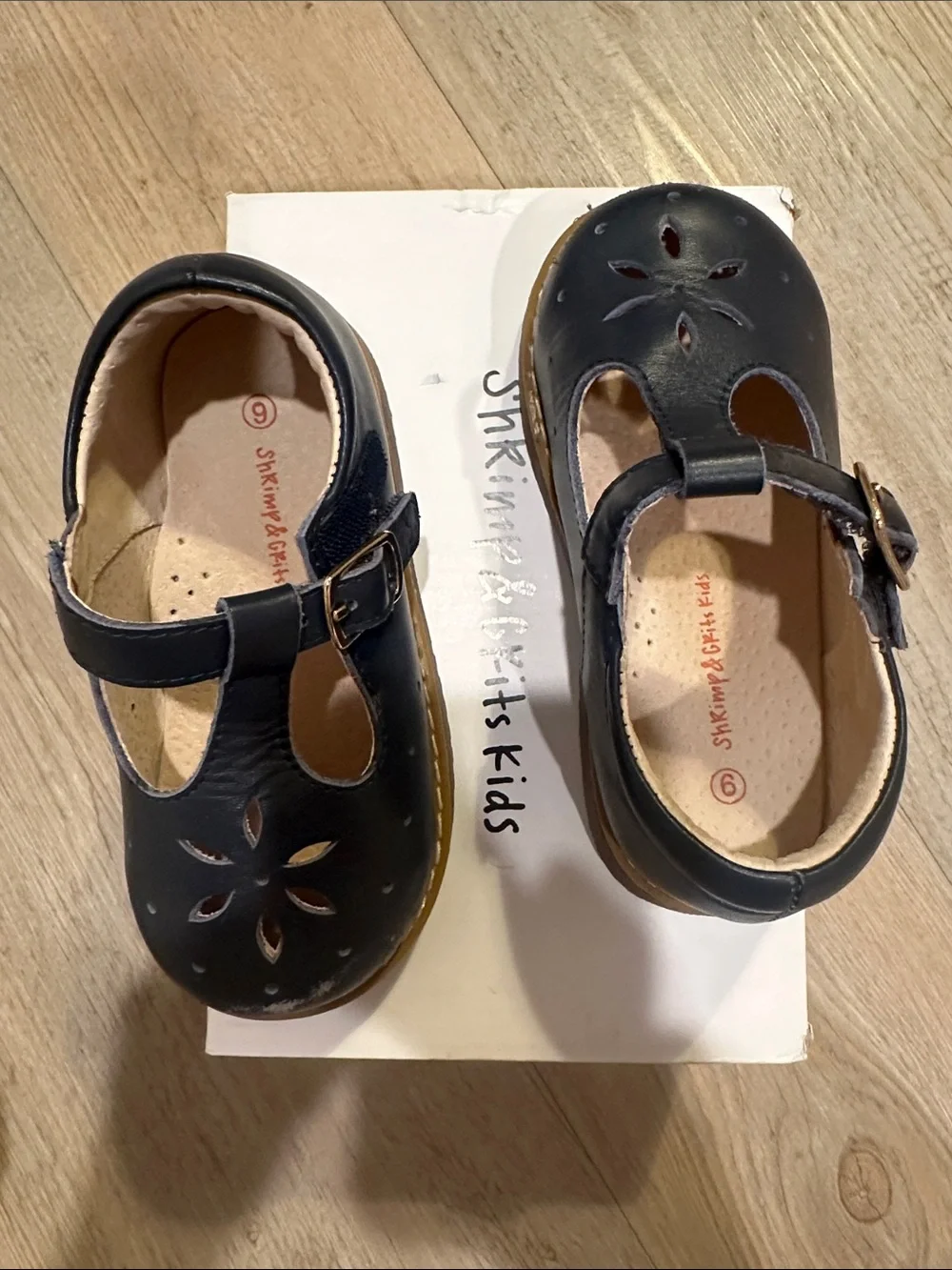 Girls Navy T-Strap Dress Shoes with Floral Cutouts